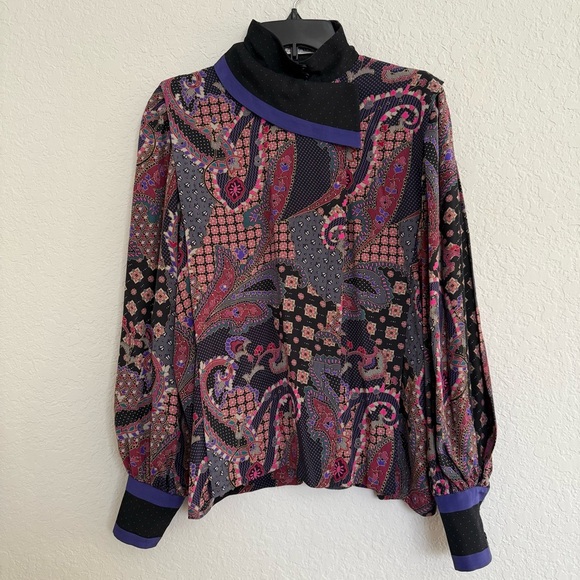 Vintage Escada Silk Paisley Print Blouse Sz L Bishop Sleeve 80s Retro Designer - Picture 2 of 9